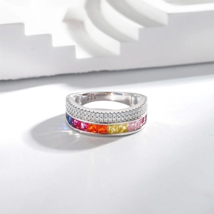 Luxurious S925 sterling silver ring with double-row white zircons and rainbow square crystals