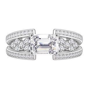 925 silver emerald cut rectangular crystal ring with side stones on split band