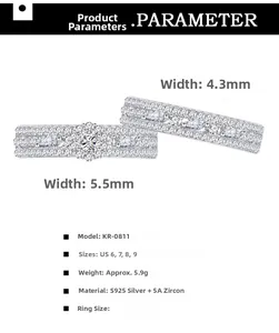 Detail view of S925 sterling silver rings with 5A cubic zirconia and product specifications