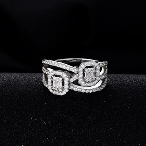 Multi-layer S925 sterling silver ring with micro-pave diamonds and baguette center stone