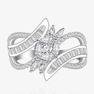 925 Sterling Silver Zirconia Ring For Women Exquisite Wave Pattern Marquise Flower Cluster Luxurious Geometric Finger Ring Jewelry