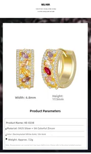 Vue détaillée des créoles en zircon arc-en-ciel avec dimensions 17,5mm sur 6,8mm