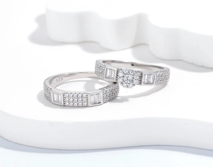 Detail view of S925 sterling silver ring set featuring micro-pave cubic zirconia stones