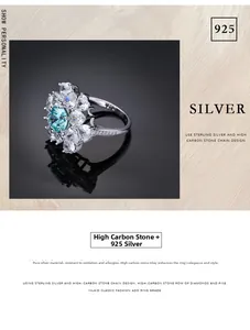 Makroaufnahme von 925er Silberring mit 8mm paraiba blauem Stein und Zirkonia im Birnenschliff
