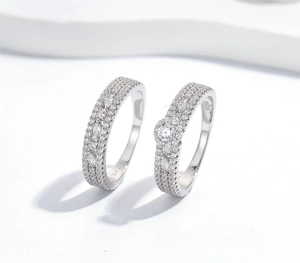 Macro shot of S925 sterling silver stacked rings with micro-pave cubic zirconia
