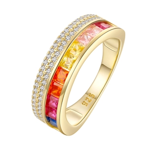 Luxurious S925 sterling silver rainbow ring with colorful square-cut gemstones