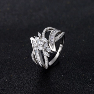 Elegant S925 sterling silver channel-set zircon ring with floral marquise stone cluster