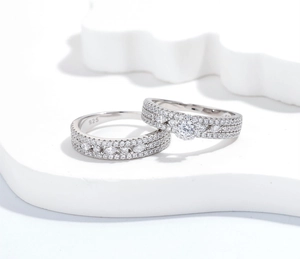 Close-up of S925 sterling silver ring set with pave marquise and round cut stones