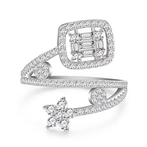 925 Sterling Silver Multi-layer Star Open Ring Luxurious Rhinestone Geometric Adjustable Finger Ring Jewelry For Women