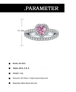 Guide des paramètres de taille pour bague en argent 925 avec pierre cœur rose 5x5mm
