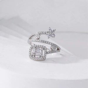 Multi-layer S925 silver star open ring featuring square and round micro-set crystals