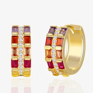 925 Sterling Silver Colorful Baguette Cut Zirconia Huggie Hoop Earrings For Women 18K Gold Plated Rainbow Pave Jewelry