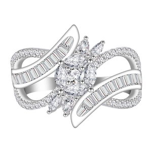 Exquisite S925 sterling silver ring with pear and baguette cut zircon floral cluster design
