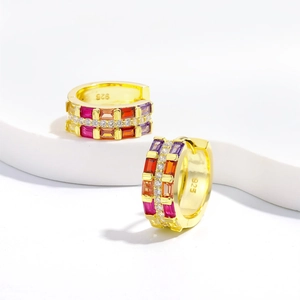925 silver gold plated hoop earrings with rows of multi-color and white cubic zirconia