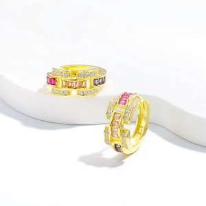 925 silver 18k gold plated hoop earrings with multicolored gemstones and pave crystals