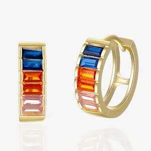 925 Sterling Silver Three Color Baguette Zirconia Hoop Earrings Minimalist Geometric Inlaid Huggie Earrings For Women