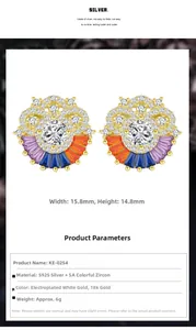 Macro detail of S925 silver studs with colorful 5A cubic zirconia in petal design