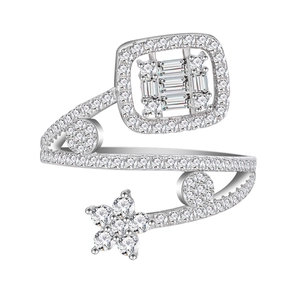 Multi-layer S925 silver star ring with square zircons and floral accents for women