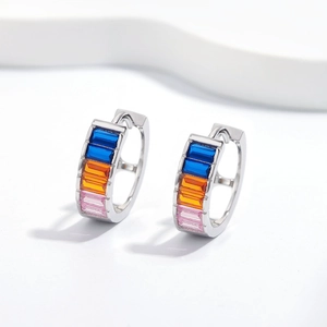 Elegant S925 silver hoop earrings with blue, orange, and pink square cut cubic zirconia