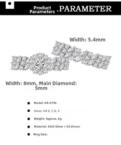 Detailed view of S925 silver rings set with cubic zirconia and precise measurements