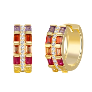 Rainbow huggie hoop earrings with baguette-cut colored stones and 18K gold plating
