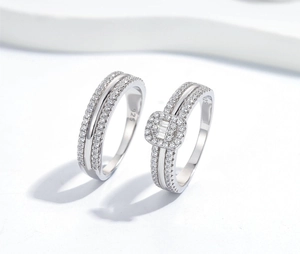 Macro shot of 925 sterling silver ring set showing S925 hallmark and sparkling cubic zirconia