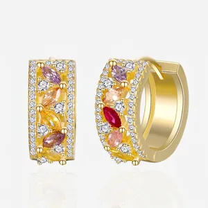 Boucles d'Oreilles Créoles en Argent Sterling 925 Plaqué Or 18K pour Femmes Puces d'Oreilles en Zirconia Marquise Colorée Arc-en-Ciel Bijoux de Mode