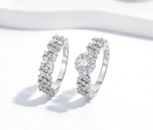 Macro shot of S925 sterling silver ring set featuring micro-paved diamond details