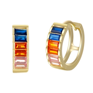 S925 silver hoop earrings with a colorful gradient of rectangular cubic zirconia stones