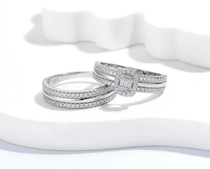 Macro view of 925 silver ring set with rectangle cubic zirconia and tiny side stones