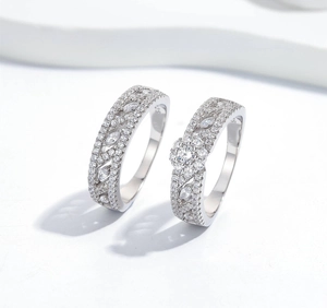 Close-up of S925 sterling silver ring set with marquise cut stones and flower cluster detail