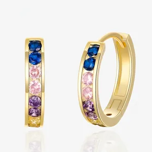 Orecchini a Cerchio in Argento Sterling 925 con Zirconia Arcobaleno per Donna Minimalista CZ Multicolore Tondo Quadrato Regalo