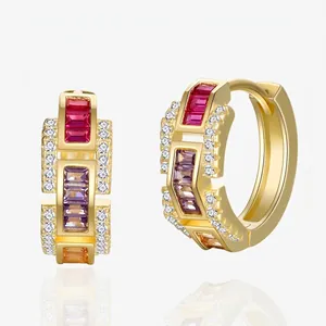 925 Sterling Silver Colorful Zirconia Huggie Hoop Earrings 18k Gold Plated Rectangular Cut Rhinestone Fashion Women Jewelry