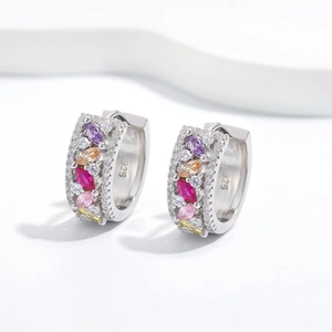 Boucles d'oreilles en argent 925 doré 18k avec zircons colorés marquise et pavé scintillant