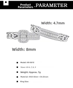 Detail specifications of S925 silver chain ring with 5A zircon and size parameters