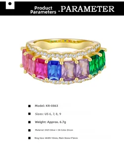 Detailed size specifications for wide S925 silver ring with 5A colored rectangular CZ stones
