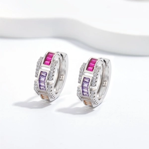 925 silver hoop earrings with colorful rectangular stones and sparkling side diamonds