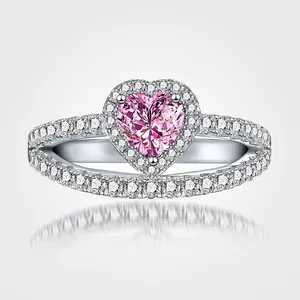 Bague en Argent Sterling 925 en Forme de Cœur avec Strass pour Femme Rose Blanc Brillant Double Anneau Bijoux