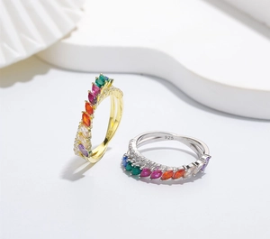 Detail view of S925 sterling silver stamp and colorful marquise cut zircon stones