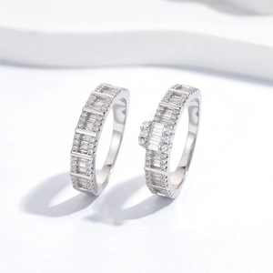 Elegantly stacked S925 silver rings with pavé set zircon and baguette cut stones