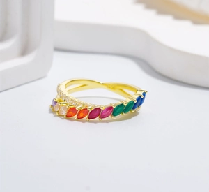 Detailed macro shot of S925 silver cross ring with colorful marquise-cut zircons
