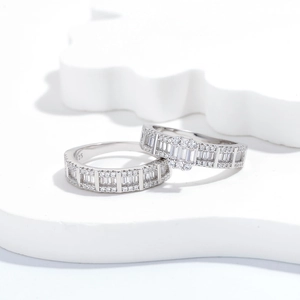S925 sterling silver rings with micro-pave cubic zirconia on wavy white stand
