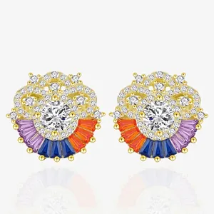 925 Sterling Silver Radiant Rainbow Cloud Stud Earrings With Multi Color Zirconia Micro Pave Sunburst Earrings For Women Jewelry