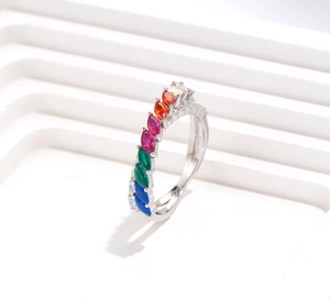 Detail view of S925 silver ring featuring marquise-cut multi-color crystals and stones
