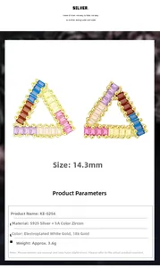 Detail view of triangular S925 silver earrings with colorful CZ stones and size parameters