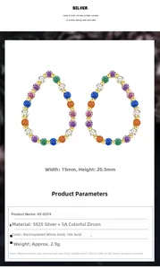 Detailed size specifications for teardrop earrings made of S925 silver and colored zircon