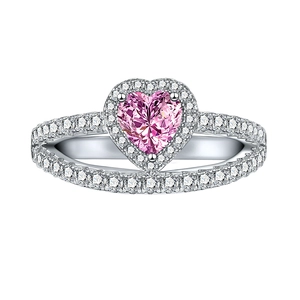 Bague élégante en argent 925 avec diamant rose en forme de cœur et accents pavés