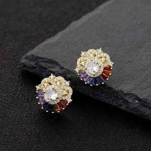 Micro-set flower earrings with colorful zircons on gold metal base, 45-degree angle view