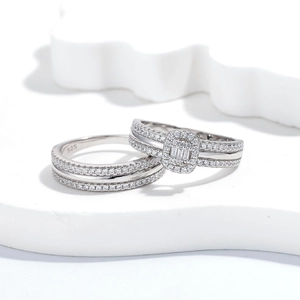 Elegant S925 sterling silver stacked ring set with micro-pave crystals on white wave stand