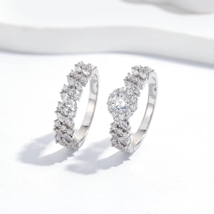 S925 sterling silver meteor shower stacking ring set with round and marquise cubic zirconia